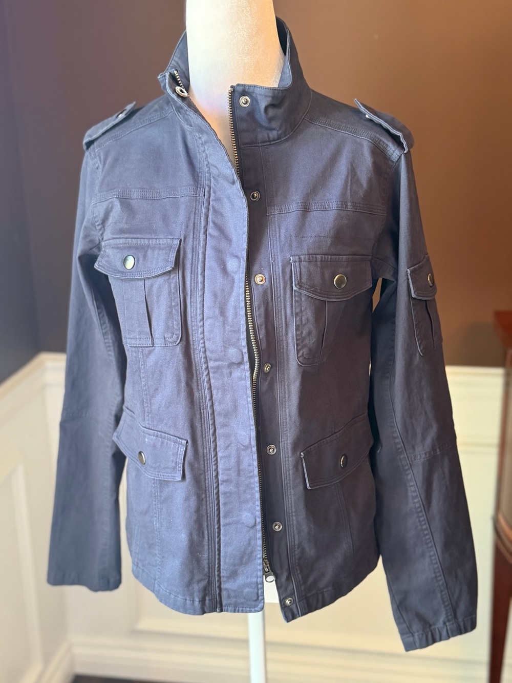 Thread And Suppy Navy Blue Utility Jacket Multi Pockets Zips And Snaps XS NWT